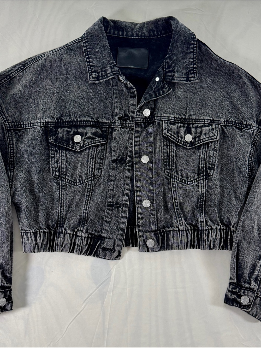 Refuge Black Acid Wash Cropped Denim Jacket Size L Y2K